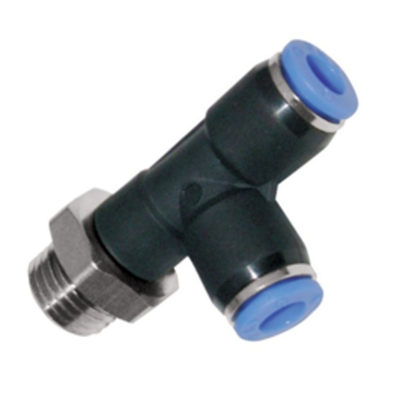 BSP Male Run Leg Tee Stud x Tube Metal Pneumatic Push-In Fitting