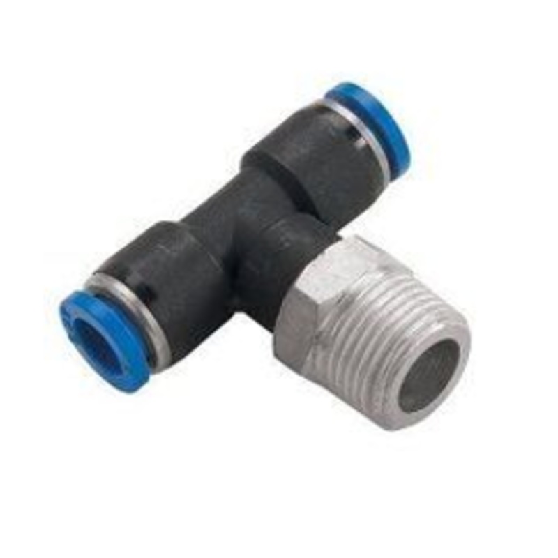 BSPT Male Centre Leg Tee Stud x Tube Metal Pneumatic Push-In Fitting
