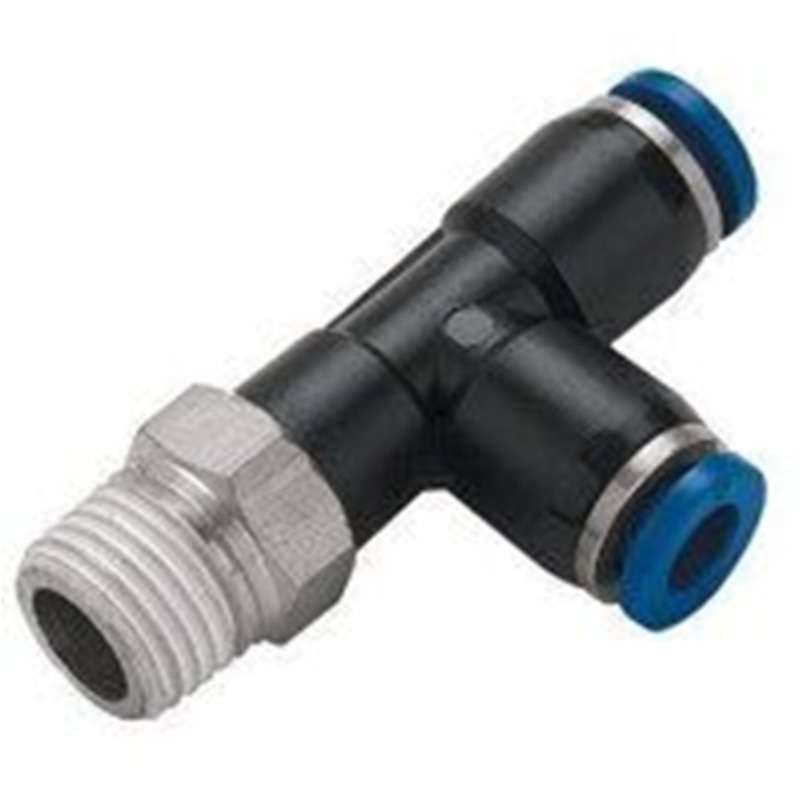 BSPT Male Run Leg Tee Stud x Tube Metal Pneumatic Push-In Fitting