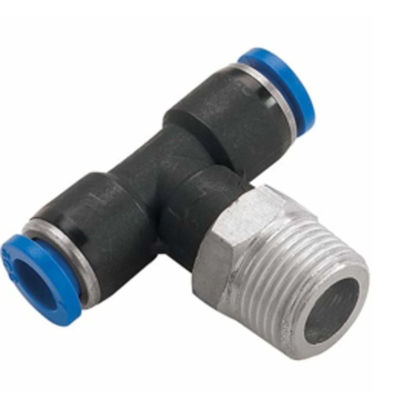 Metric Taper Male Centre Leg Tee Stud x Tube Metal Pneumatic Push-In Fitting