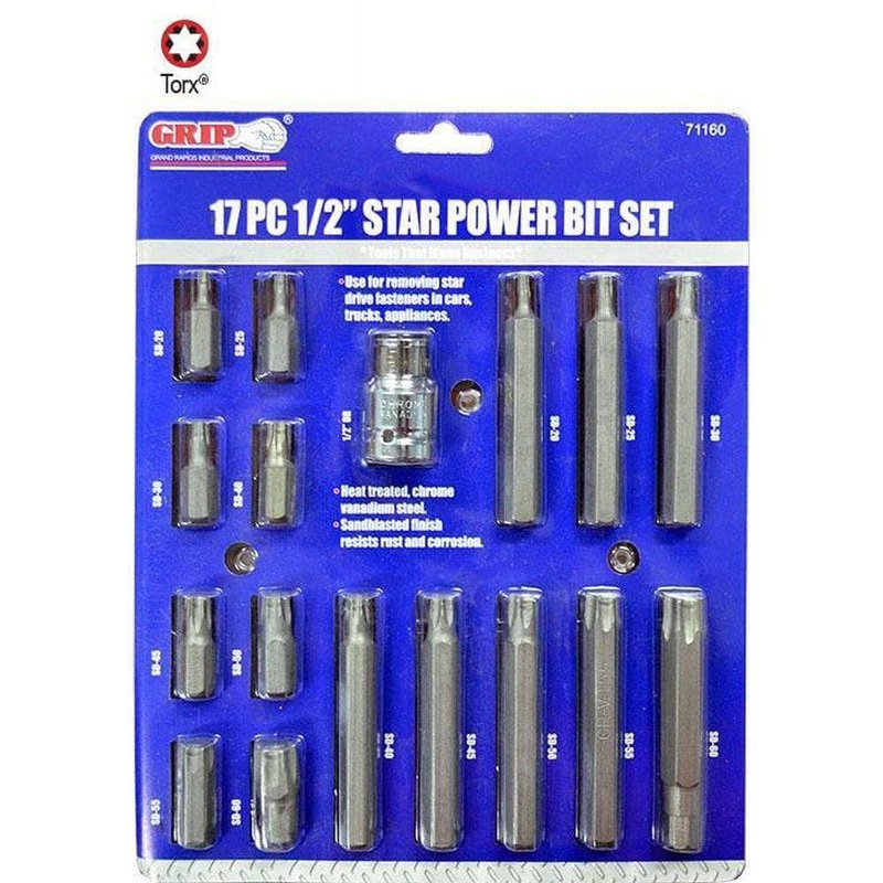Grip 71160 17 Piece T20-T60 1/2 Square Drive Long & Short Torx Bit Set