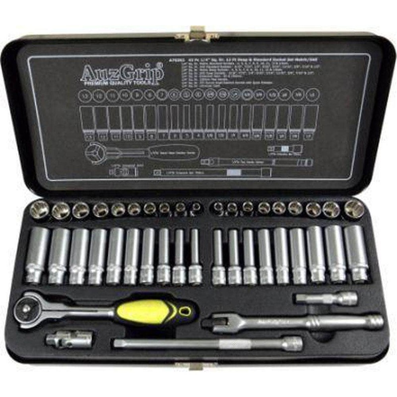 AuzGrip A75352 43 Piece Metric & SAE 12 Point 1/4 Square Drive Deep & Standard Socket Set