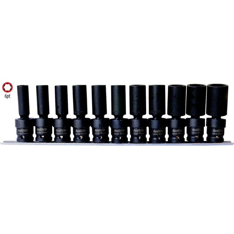 AuzGrip A84608 11 Piece Metric 1/2 Square Drive Swivel Deep Impact Socket Set