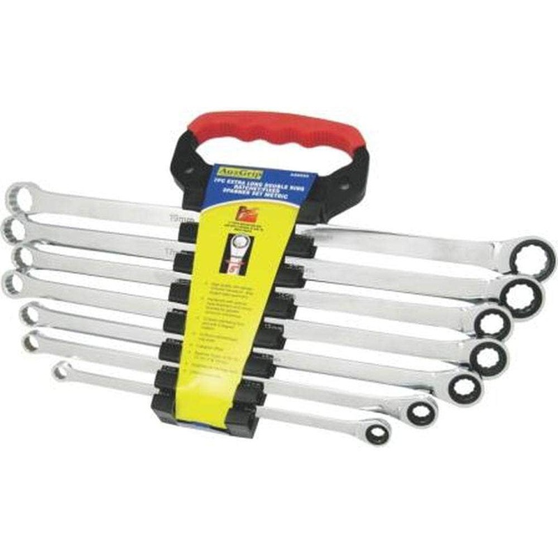 AuzGrip A88050 7 Piece Metric Extra Long Double Ring Ratchet & Fixed Spanner Set