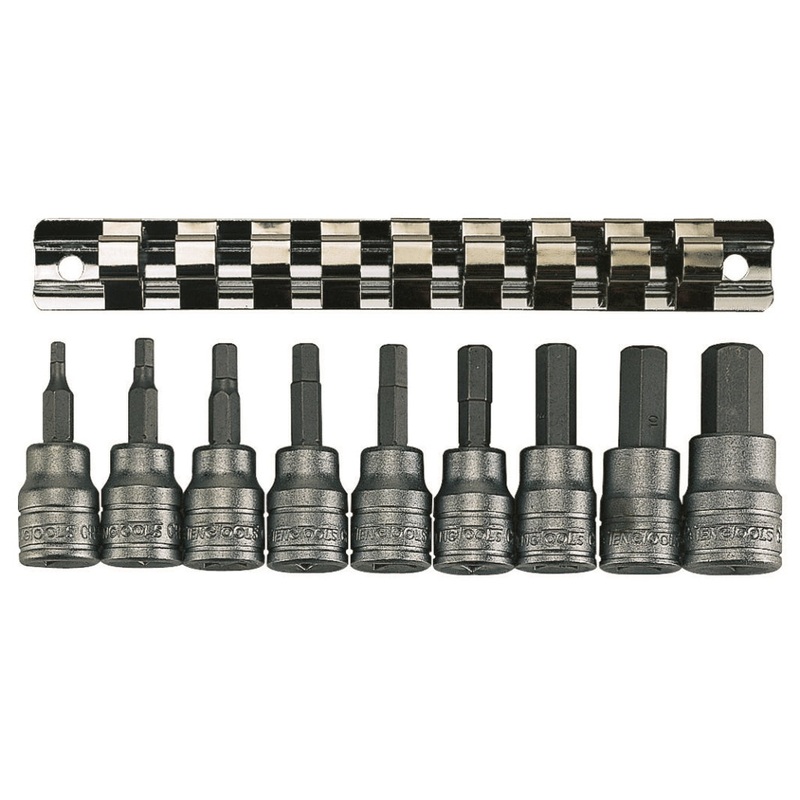Teng Tools 9 Piece 3/8 Drive Metric Hex Bit Socket Clip Rail – M3812