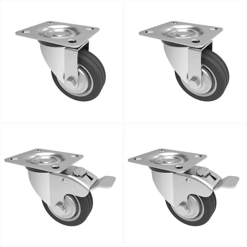 Pro Castor 75mm (3) Top Plate Black Rubber Wheel Swivel/Swivel Braked