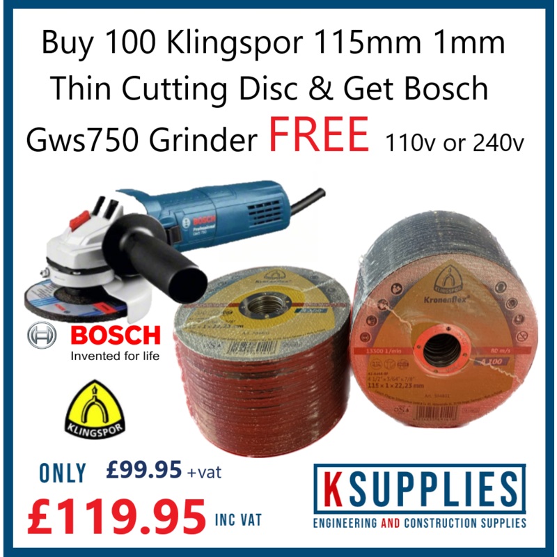 Special offer Buy 100: 115mm thin cutting disc & get Bosch grinder FREE