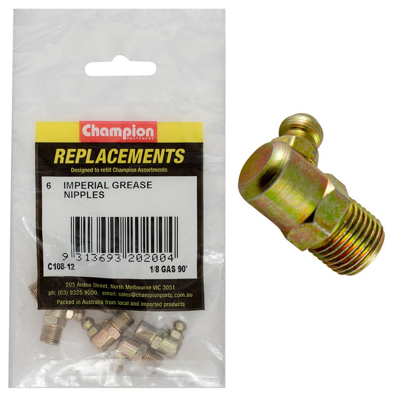 Champion 1/8in BSP (Gas) 90-Deg. Grease Nipple -6pk