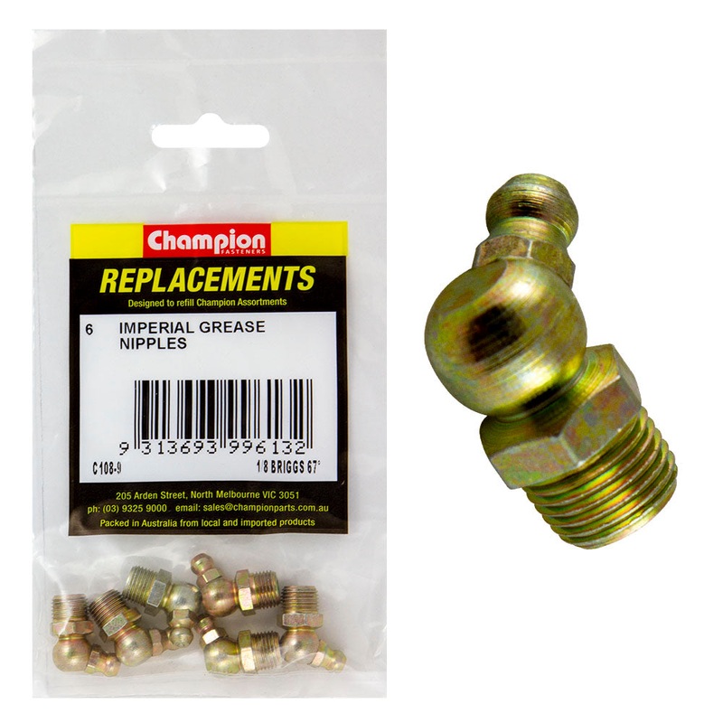 Champion 1/8in NPT (Briggs) 67.5-Deg. Grease Nipple -6pk