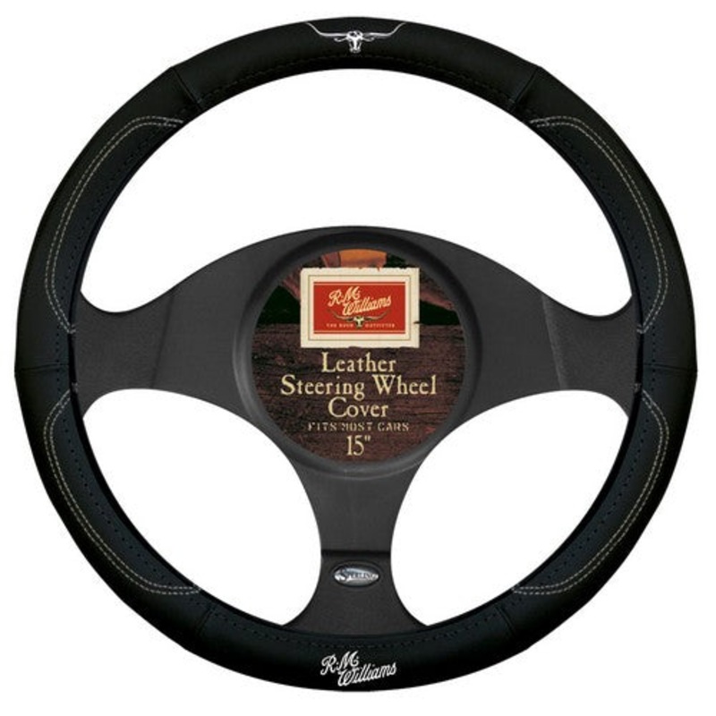 BLACK LEATHER STEERING WHEEL COVER WITH WHITE TRIM