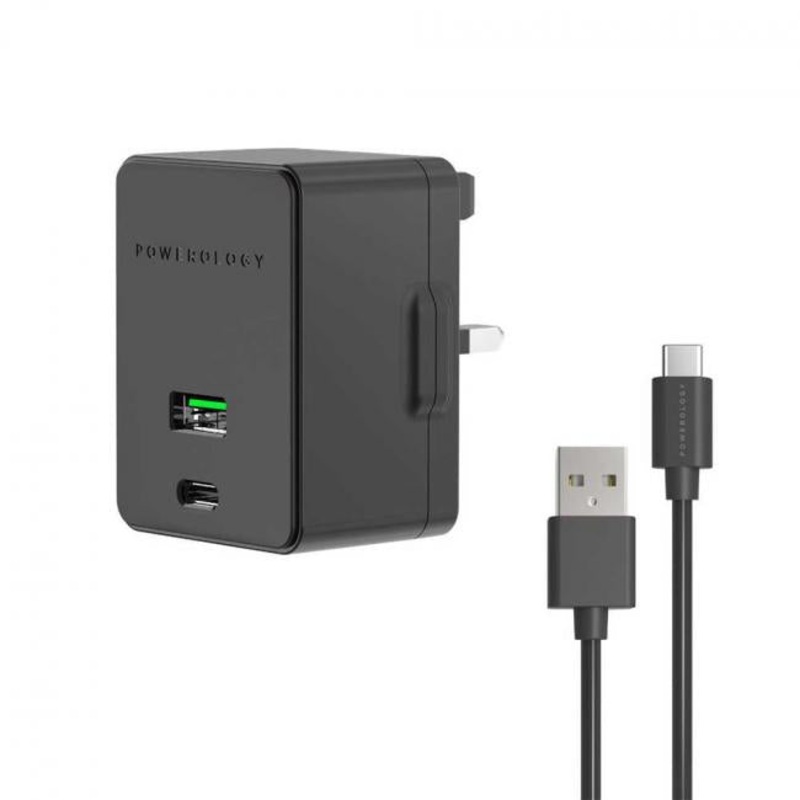 Powerology – Ultra-Quick PD Charger Dual Ports 36W with Type-C Cable 1.2m ( Black )