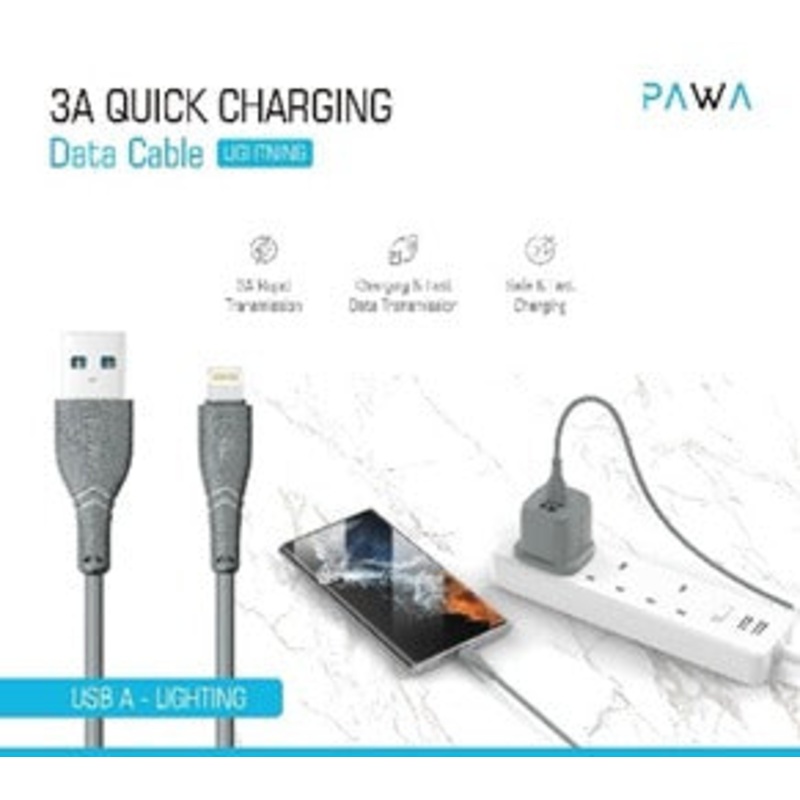 Pawa USB-A to Lighting 3A Quick Charging PVC Cable 1.2m/4ft Grey