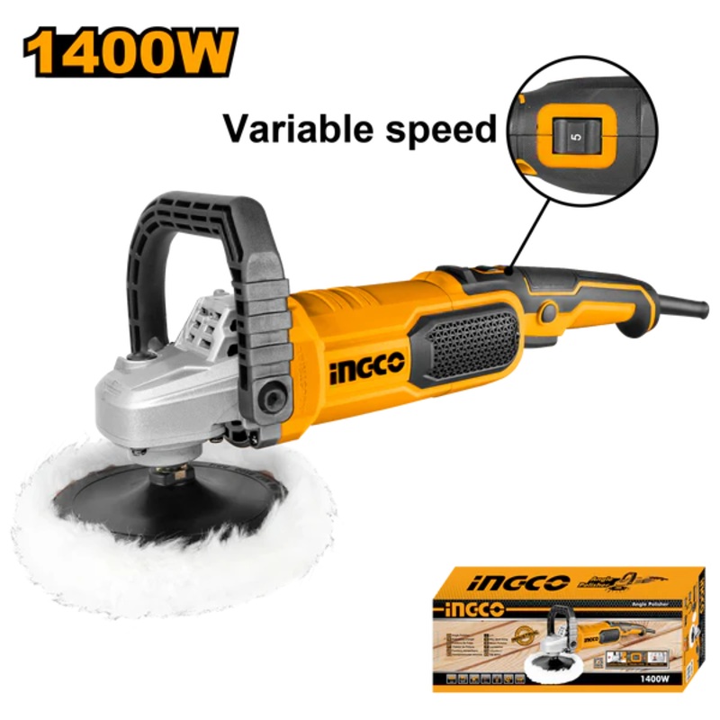 Ingco AP140016 Variable Speed Polisher – 1400W, 180mm Polishing Pad, D-handle, Hook & Loop Pad