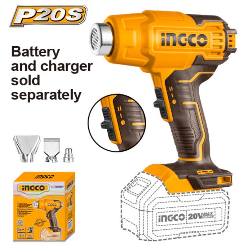 Ingco HGLI2002 20V Lithium-Ion Heat Gun – 300/550C Temperature, 100/200 L/min Airflow