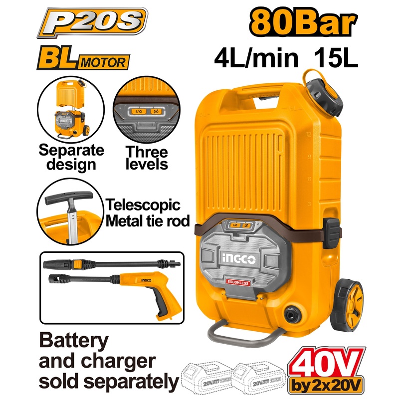 Ingco High Pressure Washer Li-Ion  Brushless Motor