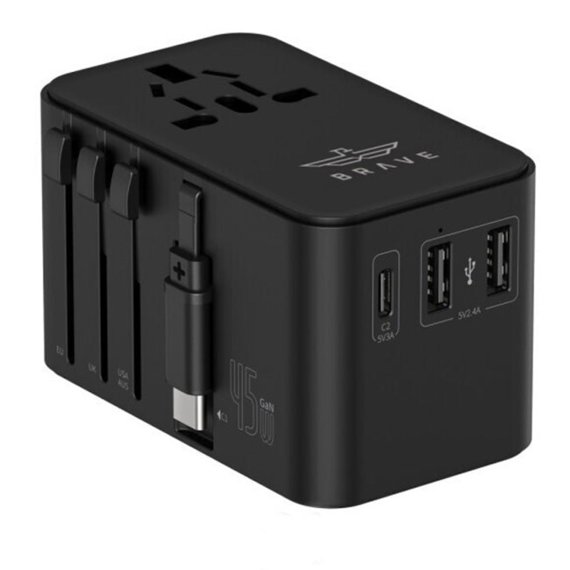 Brave Universal Travel Adapter, GaN3 Fast Charger 45W with Type-C Retractable Cable & 2 USB-A + 1 Type-C Port, 2500W Max, BTC-34 – Black