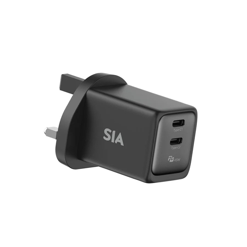 SIA Wall Charger Gan PD/PPS 45W DUAL Type-C Port – Black-Gray-UK